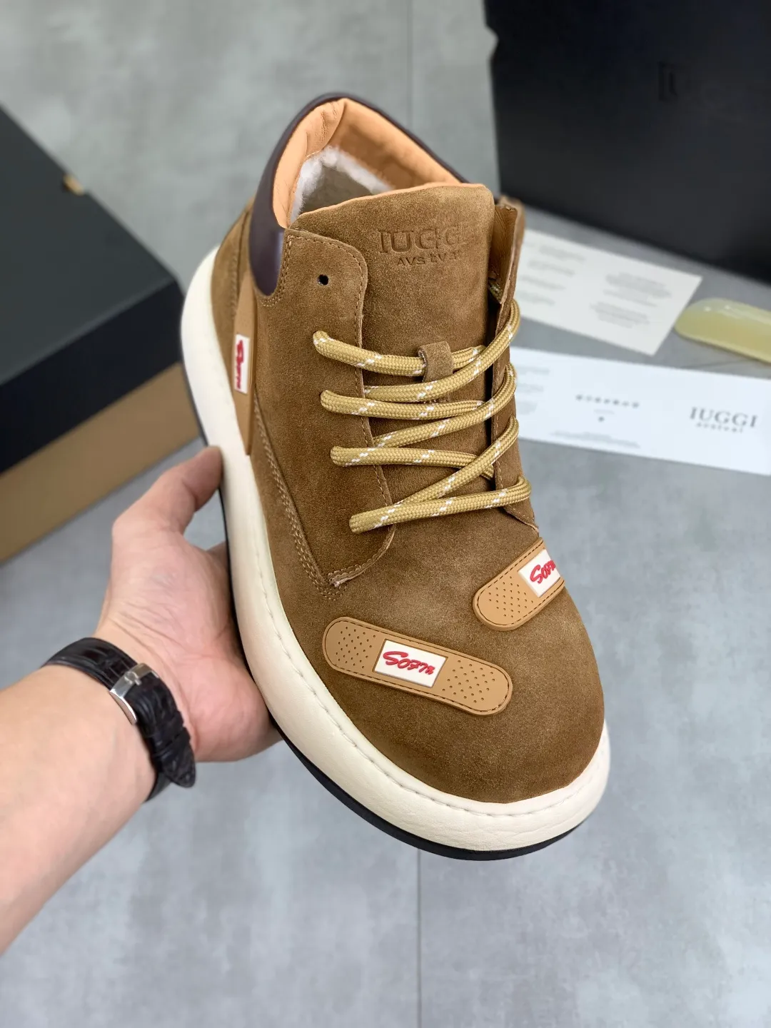 Men's men's shoes 💰P660 New arrival 🆕🆕🆕 IUGGI winter 🎄Q version ugly band-aid rhubarb boots men's trendy brand matte leather Martin boots high-top thick-soled big-toe shoes original designer cock-toe boots winter new retro men's shoes trendy and fashionable thick-soled bread shoes non-slip and wear-resistant Size: 39-44